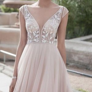 Blush Ball Gown, Beaded Illusion Neckline Prom